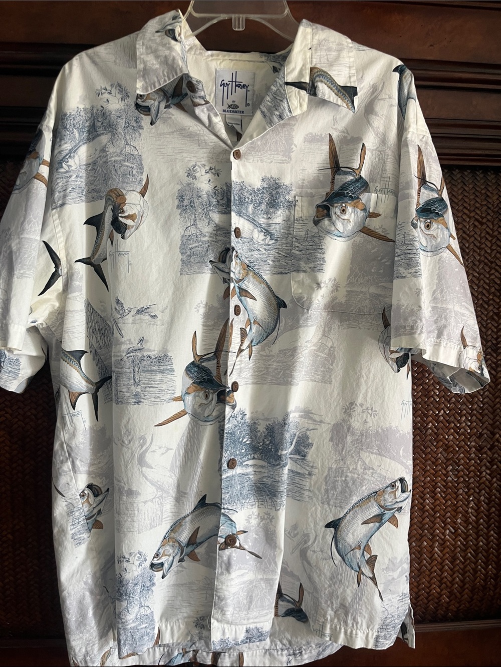 Guy Harvey White Short-Sleeve Fish Print Button-Down Shirt